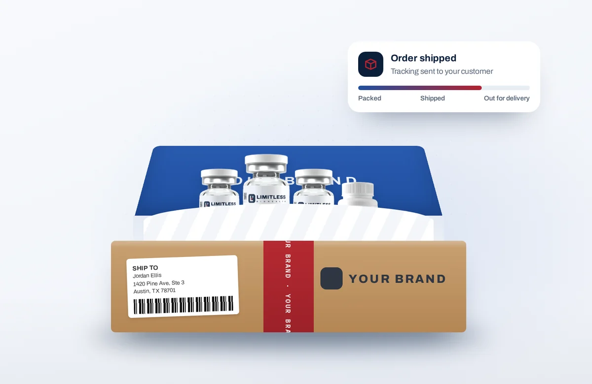 Branded mailer box packed with vials and a shipping update