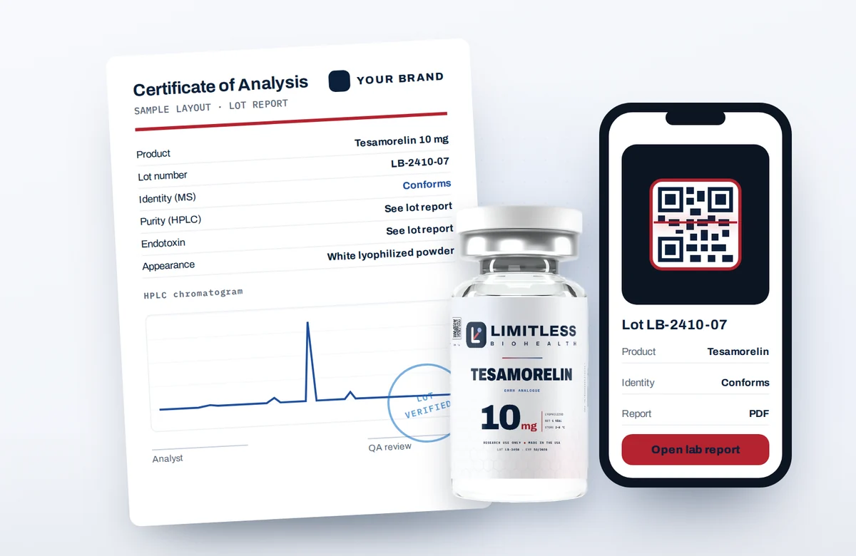 Lab report with lot number, vial and QR scan on a phone